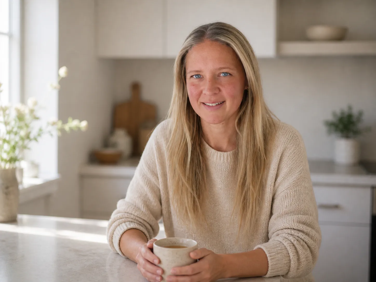 Amanda Callenberg in a calm, sunlit kitchen with a cup of tea